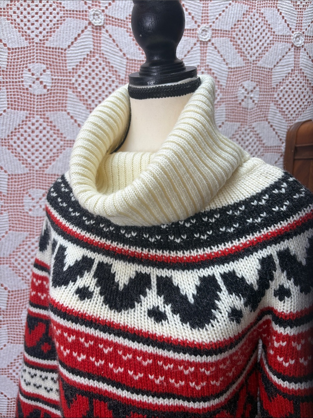 Vintage Fair Isle Cowl Neck Sweater Red Black Cream Acrylic - Picture 2 of 11